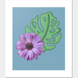 Monstera Leaf and Purple Daisy - Swiss Cheese Leaf Posters and Art